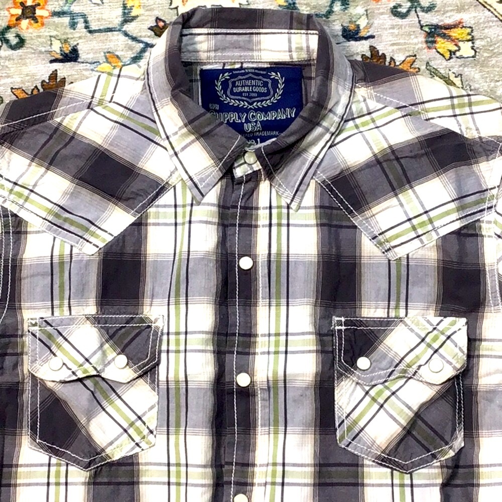 🌵GPH Supply Co White Grey Plaid Pearl Snap Roll Tab Long Sleeve Shirt Sz.L